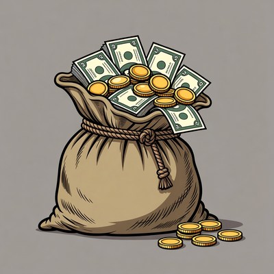 Money Bag Overflowing with Cash and Coins