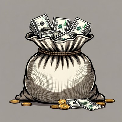 Money Bag Overflowing with Dollars and Coins