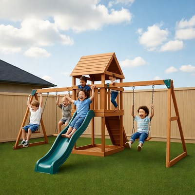 Children playing on backyard playset