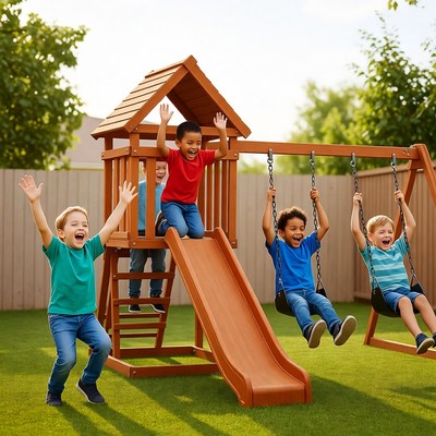 Boys playing on backyard playset