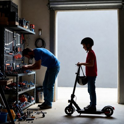 Father and son with scooter in garage
