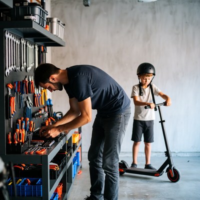 Father and son fixing scooter in garage