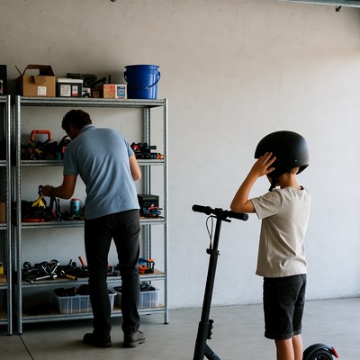 Father and son with scooter in garage