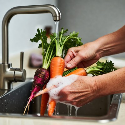 Woman washing carrots in sink