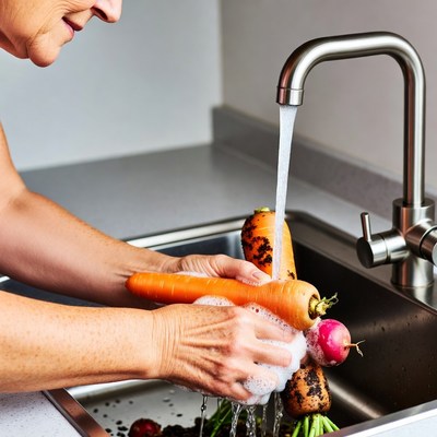 Elderly woman washing carrots sink