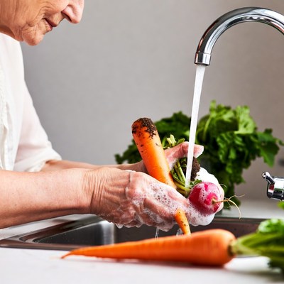 Elderly woman washing carrots