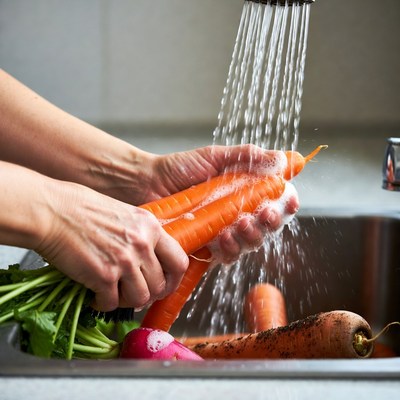 Woman washing carrots in sink