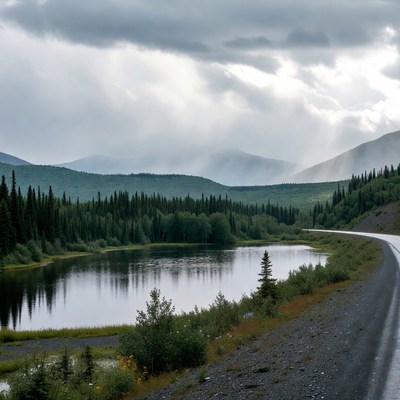 Mountain Lake with Winding Road