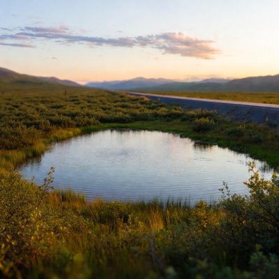 Pond beside road in tundra mountains