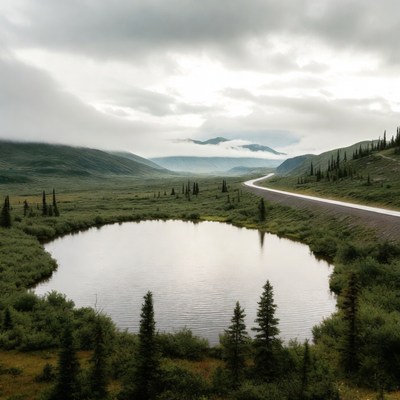Curvy lake and winding road in misty mountains