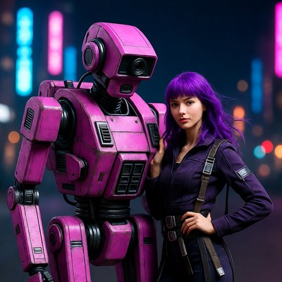 Purple-haired woman with pink robot