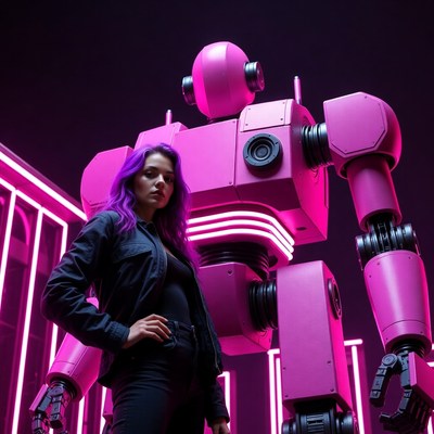 Woman standing with pink robot