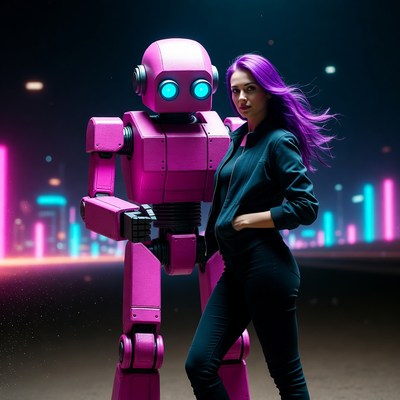 Woman standing with pink robot
