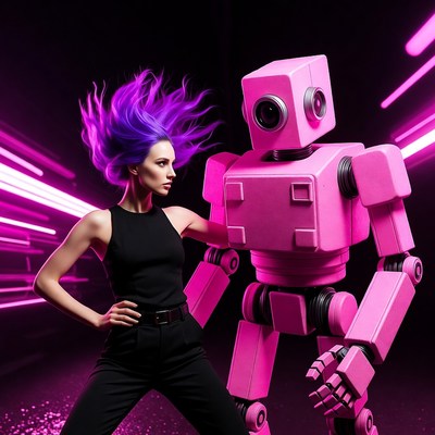 Woman posing with pink robot