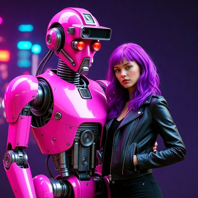 Purple-haired woman with pink robot