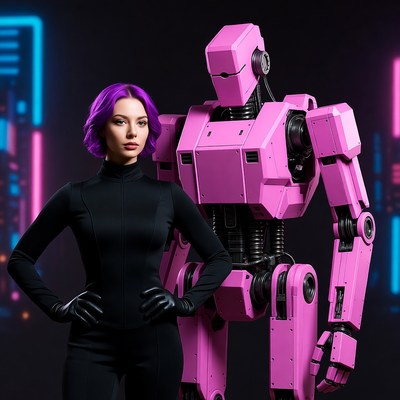 Woman standing with pink robot