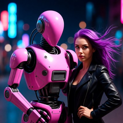 Purple-haired woman with pink robot