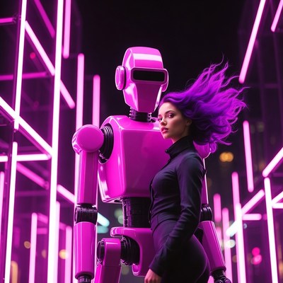 Woman with pink robot neon lights