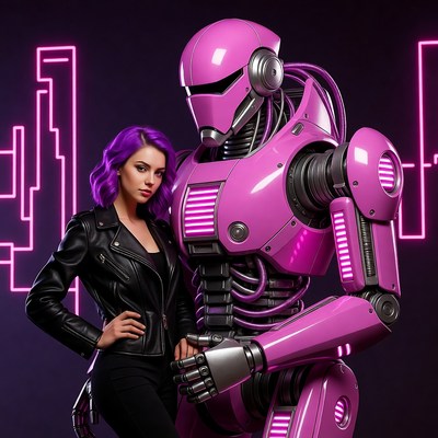 Woman Posing with Pink Robot
