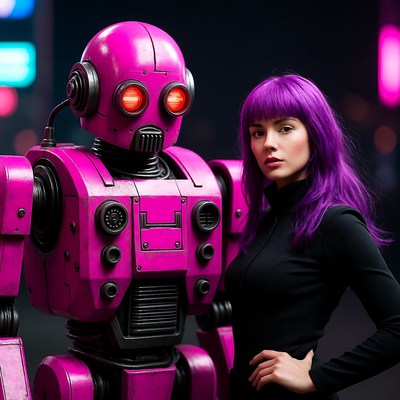Purple-haired woman with pink robot