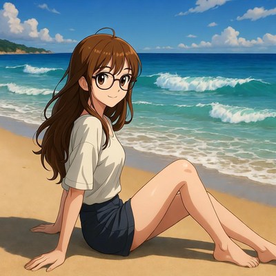 Anime girl sitting on beach