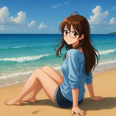Anime girl sitting on beach
