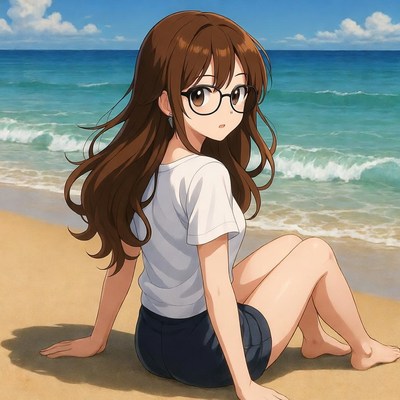 Anime girl sitting on beach