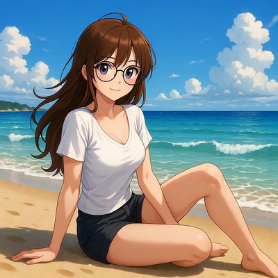 Anime girl sitting on beach