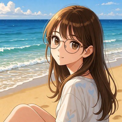 Anime girl with glasses at beach