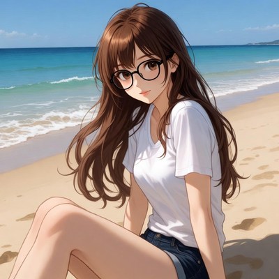 Anime girl with glasses on beach