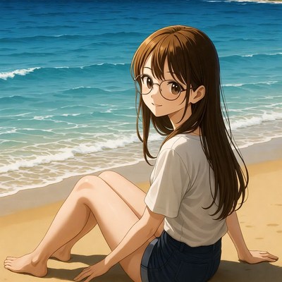 Anime girl sitting on beach
