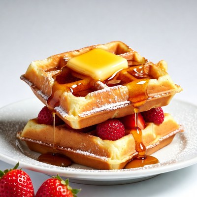 Waffles with butter, syrup, strawberries
