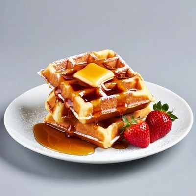 Waffles with butter, syrup, strawberries