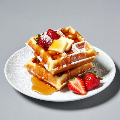 Waffles with strawberries and maple syrup