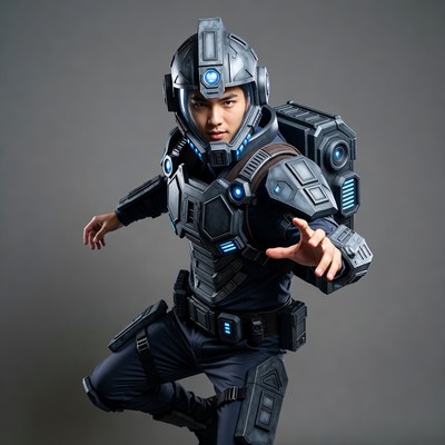 Asian man in futuristic spacesuit