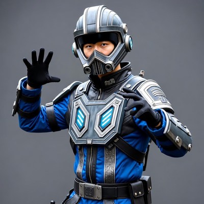Asian man in futuristic armor suit