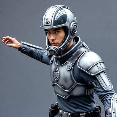 Asian man in futuristic spacesuit armor