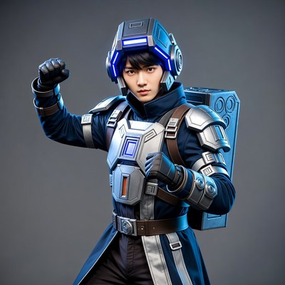 Asian man in blue futuristic armor
