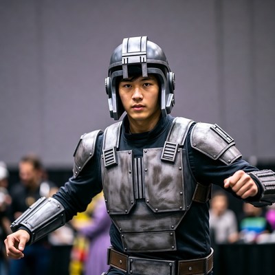 Man in Mandalorian cosplay armor
