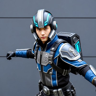 Asian man in futuristic helmet and armor