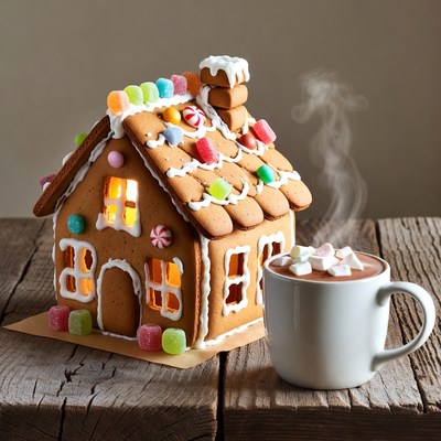 Gingerbread house with hot chocolate