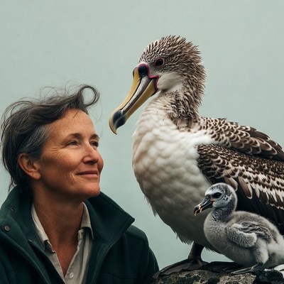 Woman with nazca booby and chick