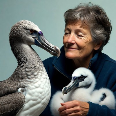Elderly woman with albatross and chick