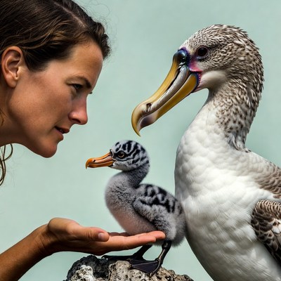 Woman holding nazca booby chick