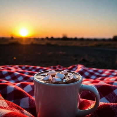Hot Chocolate with Marshmallows on Picnic Blanket