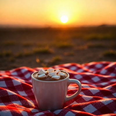 Hot Chocolate with Marshmallows on Picnic Blanket