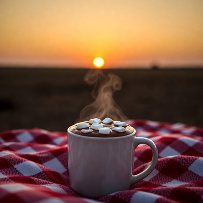 Hot cocoa with marshmallows at sunset