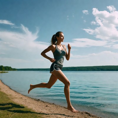 Woman running barefoot by lake