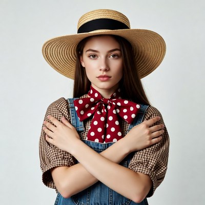 Woman in straw hat and polka dot bow