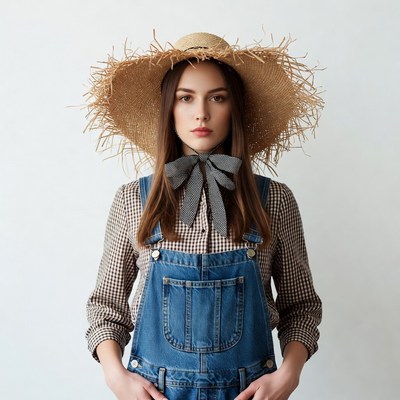Woman in denim overalls and straw hat